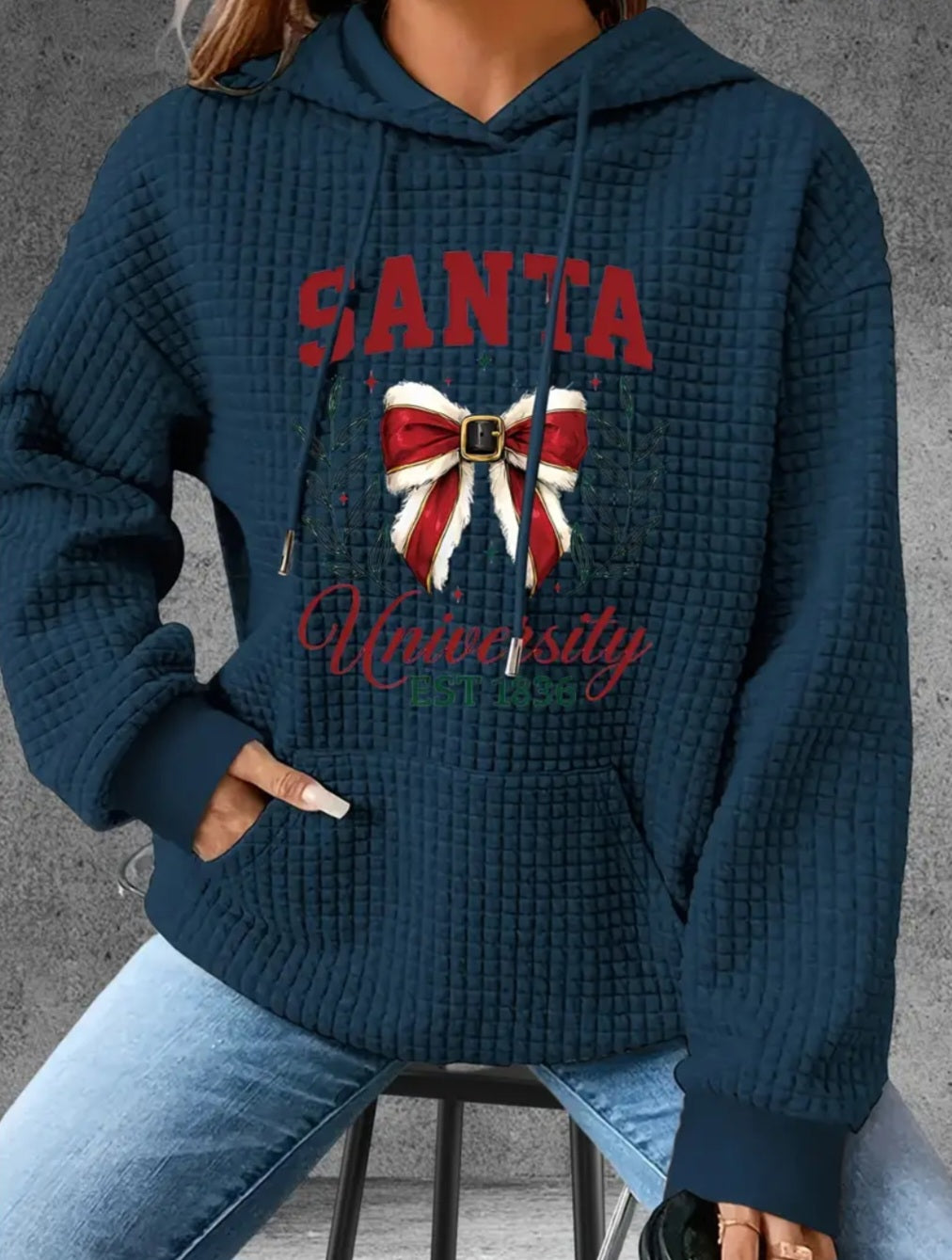 PREORDER Christmas Santa University Knit Waffle Pullover Hooded Sweater