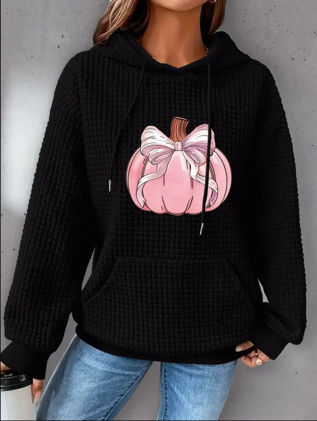PREORDER Halloween Pink Bow Pumpkin Knit Waffle Pullover Hooded Sweater