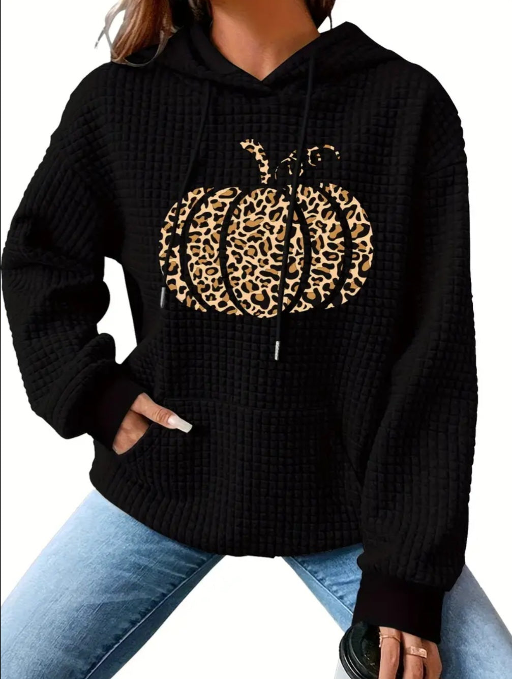 PREORDER Halloween Leopard Pumpkin Knit Waffle Pullover Hooded Sweater