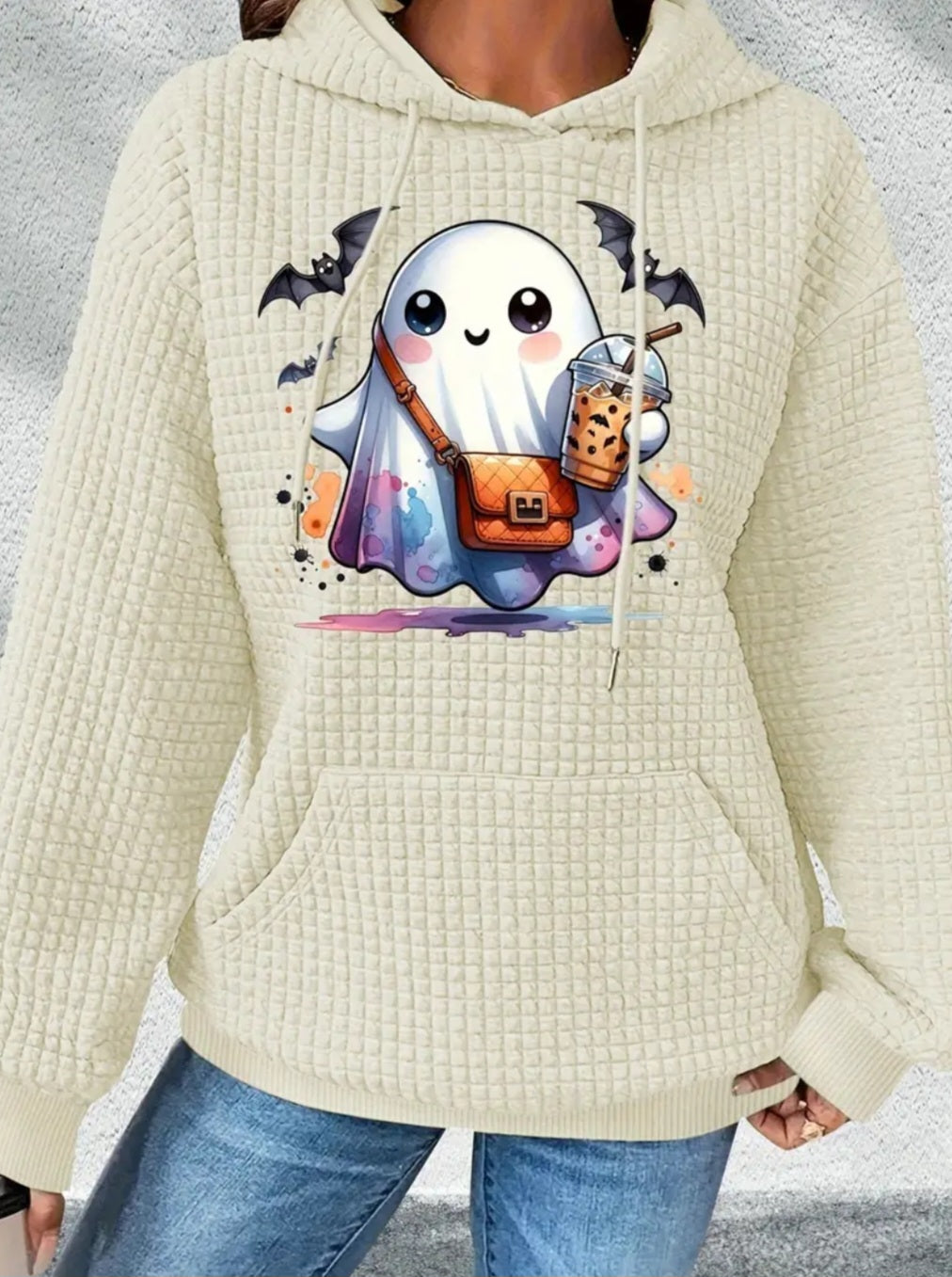 PREORDER Halloween Boujee Ghost Knit Waffle Pullover Hooded Sweater