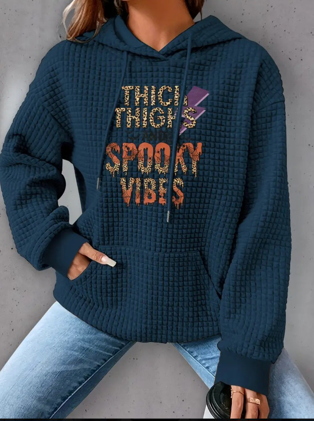 PREORDER Halloween Thick Thighs And Spooky Vibes Knit Waffle Pullover Hooded Sweater