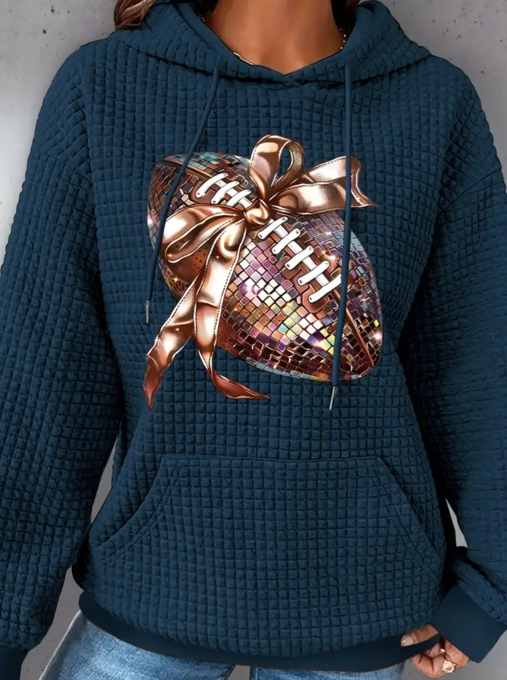 PREORDER Football Disco With A Bow Knit Waffle Pullover Hooded Sweater
