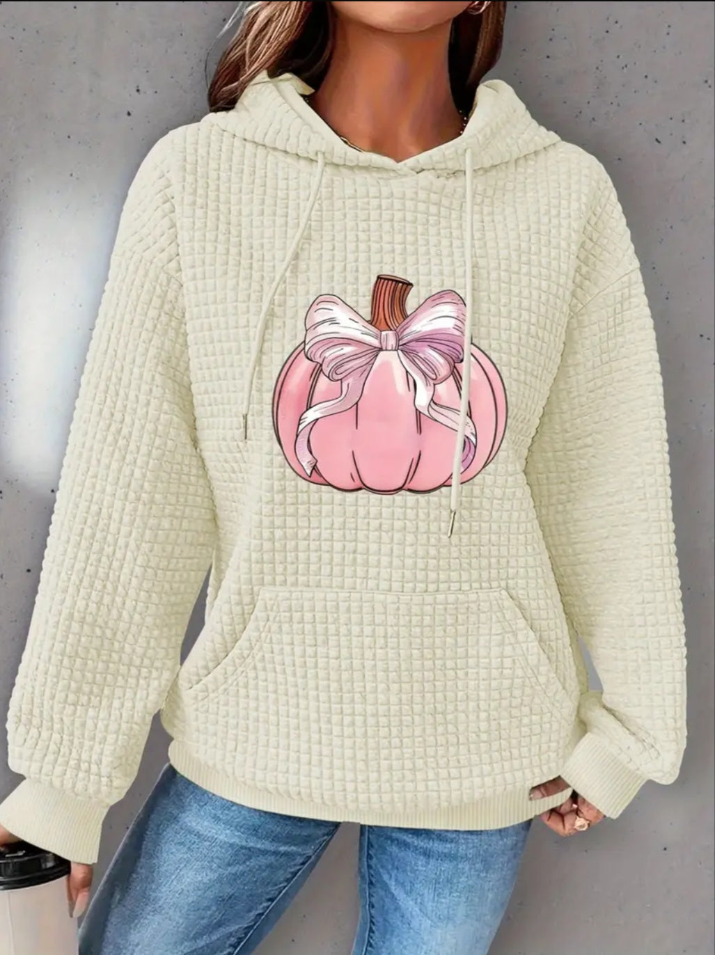 PREORDER Halloween Pink Bow Pumpkin Knit Waffle Pullover Hooded Sweater