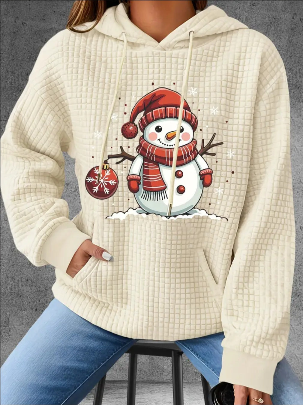 PREORDER Christmas Snowflake Snowman Knit Waffle Pullover Hooded Sweater