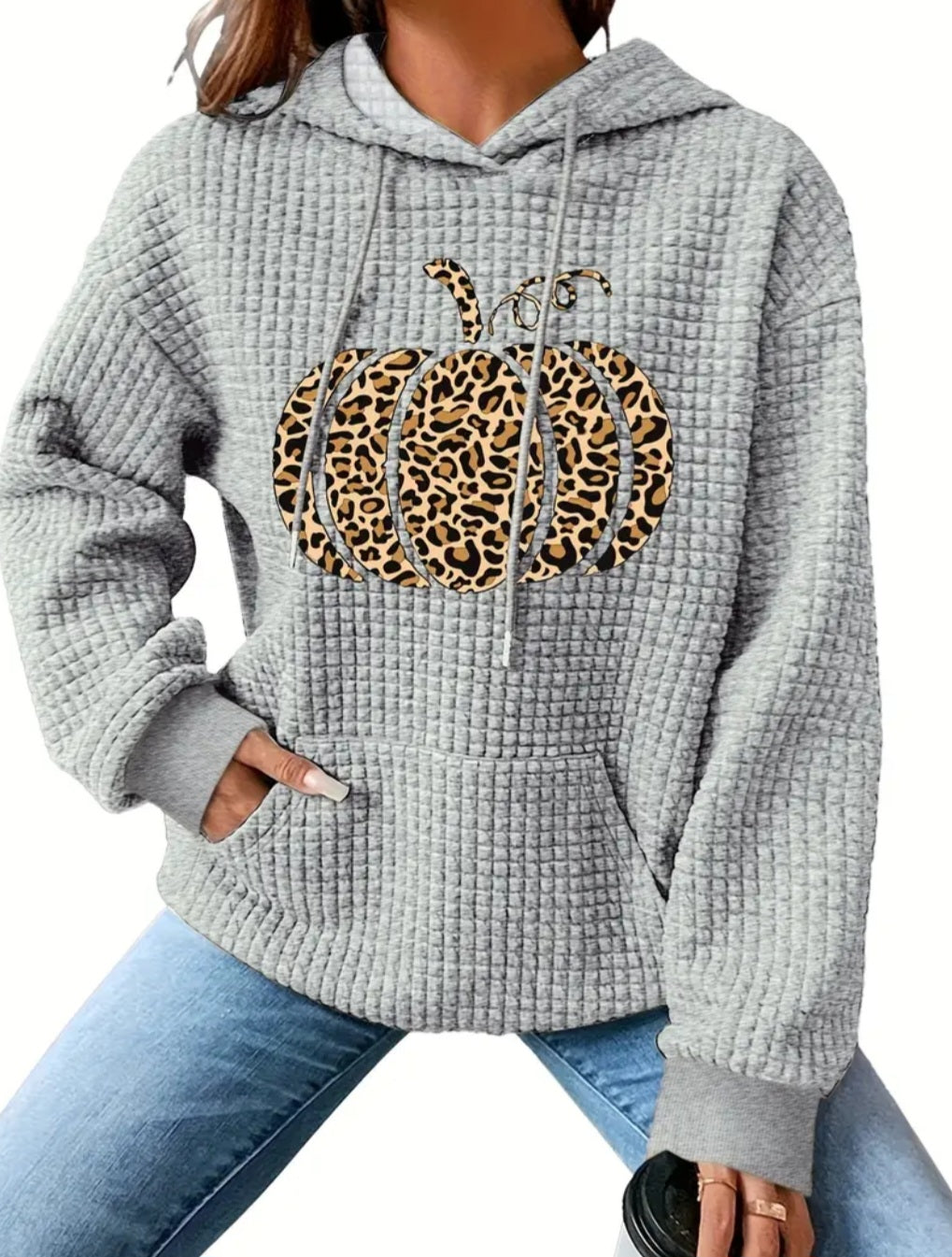 PREORDER Halloween Leopard Pumpkin Knit Waffle Pullover Hooded Sweater