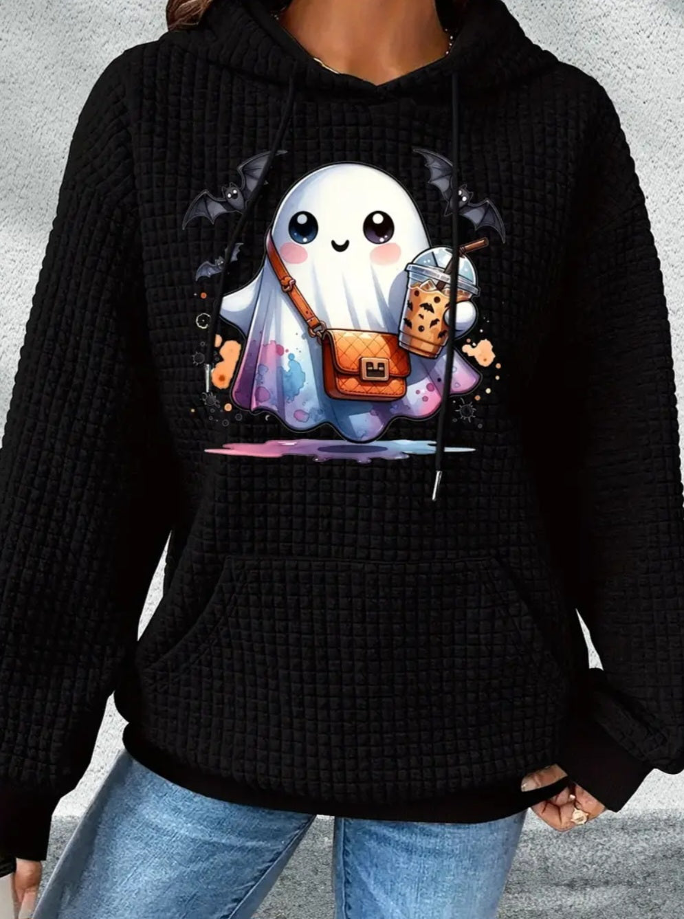 PREORDER Halloween Boujee Ghost Knit Waffle Pullover Hooded Sweater