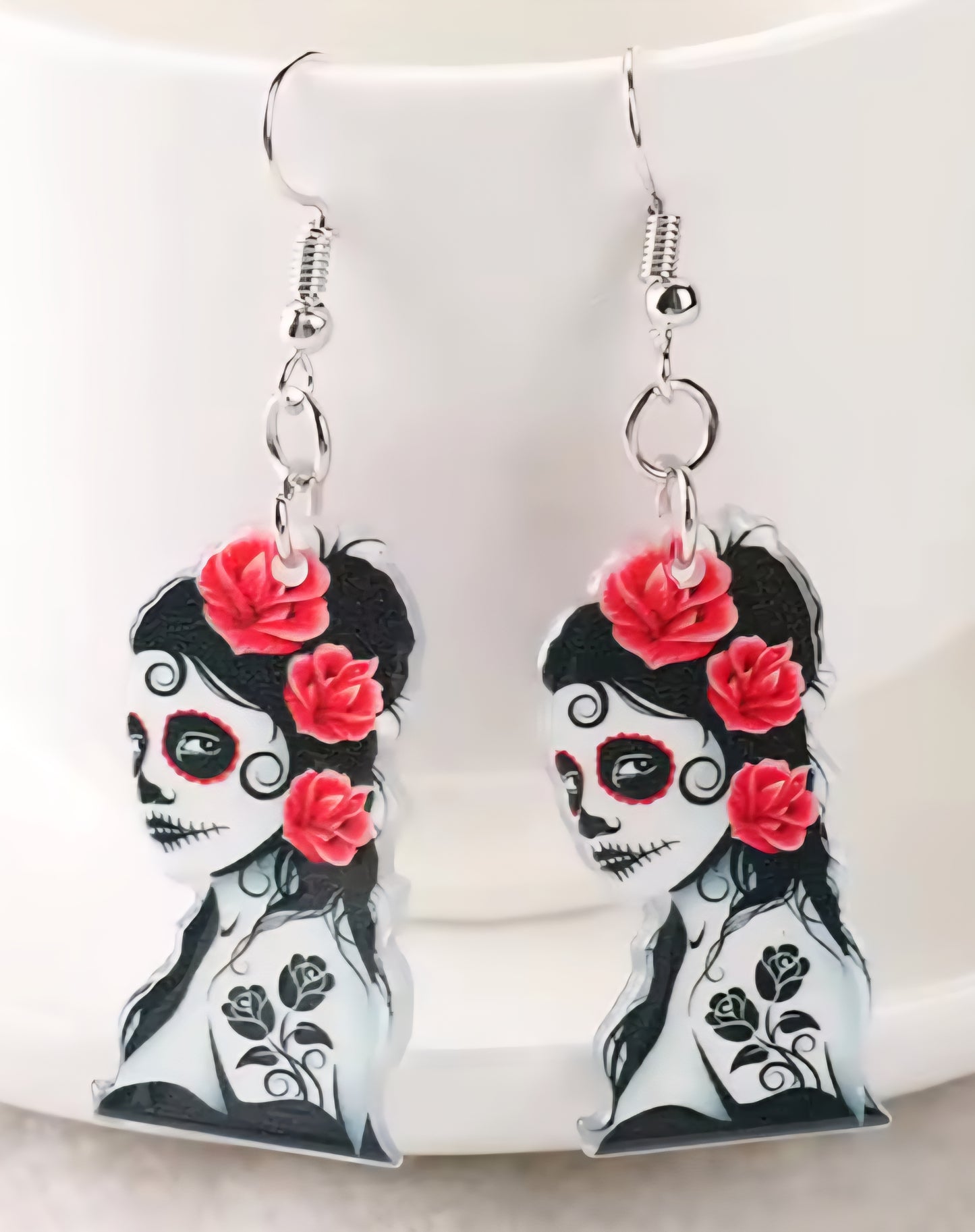 PREORDER Halloween Red Rose Sugar Skull Acrylic Dangle Earrings