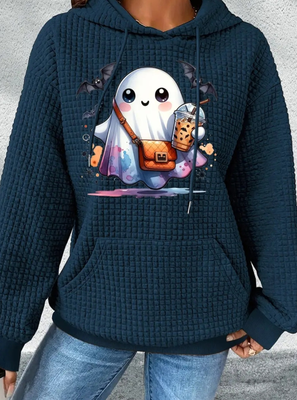 PREORDER Halloween Boujee Ghost Knit Waffle Pullover Hooded Sweater