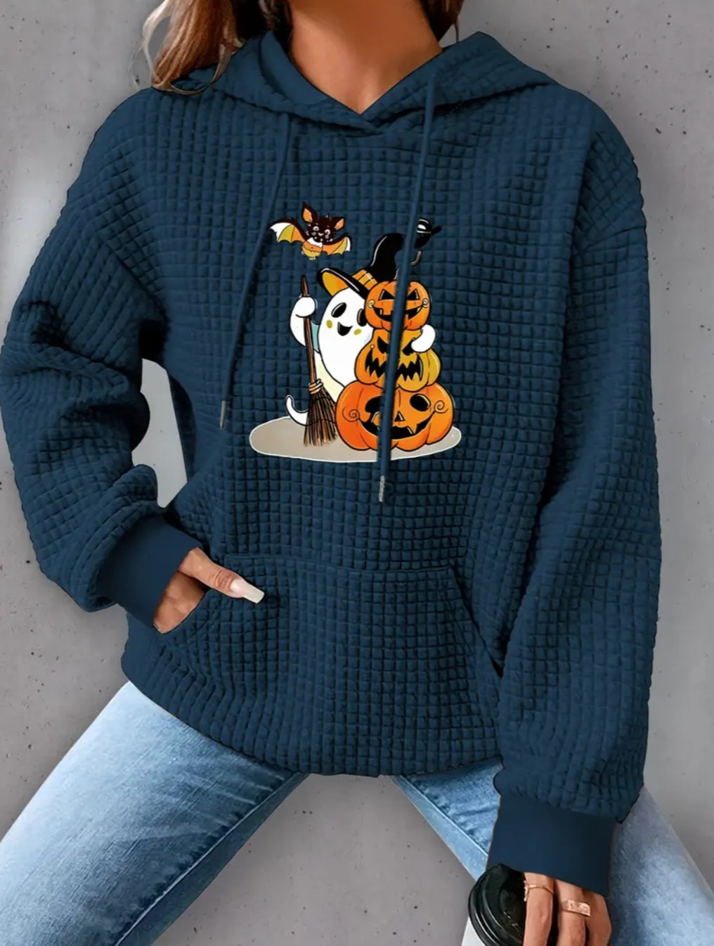 PREORDER Halloween Jack O Lantern Witch Ghost Knit Waffle Pullover Hooded Sweater