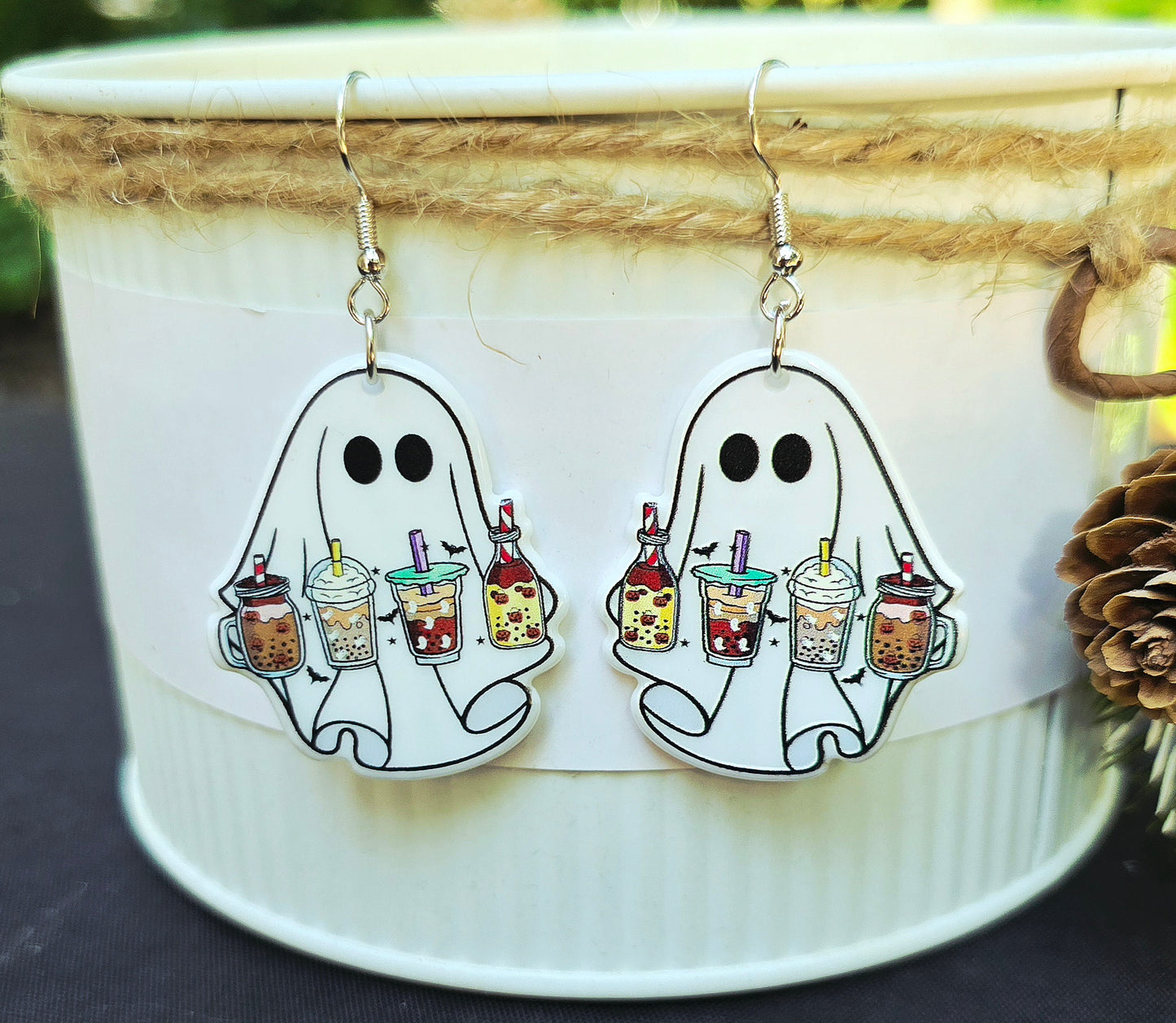 HALLOWEEN Coffee Barista Ghost Acrylic Dangle Earrings