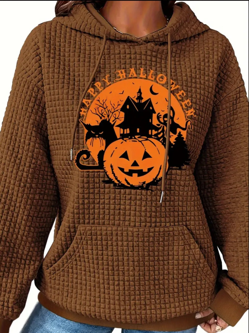 PREORDER Happy Halloween Knit Waffle Pullover Hooded Sweater