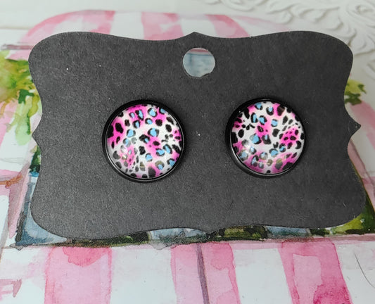 Pink and Blue Leopard Skin Cabachon Black Bezel Earrings- 12 mm ONLY!