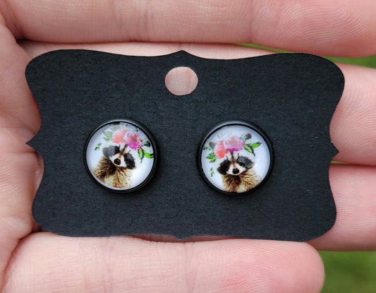 Raccoon Floral Glass Cabachon Black Bezel Earrings- 12 mm ONLY!
