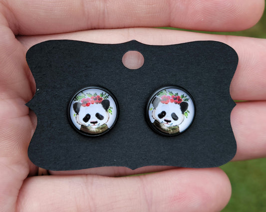 Panda Bear Floral Glass Cabachon Black Bezel Earrings- 12 mm ONLY!