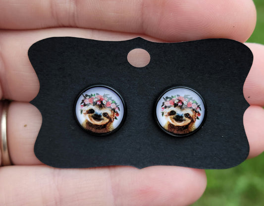 Sloth Floral Glass Cabachon Black Bezel Earrings- 12 mm ONLY!