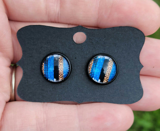 Black & Blue Cheetah Brushstrokes Glass Cabachon Black Bezel Earrings- 12 mm ONLY!