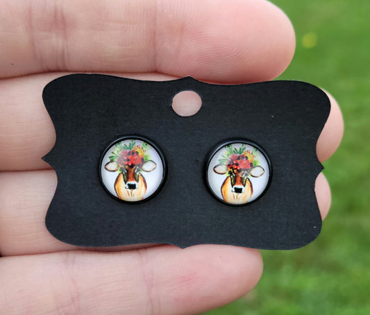 Jersey Cow Floral Glass Cabachon Black Bezel Earrings- 12 mm ONLY!