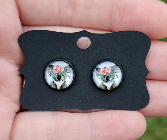 Koala Floral Glass Cabachon Black Bezel Earrings- 12 mm ONLY!