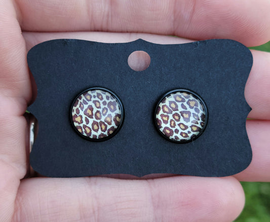 Leopard Spots II Glass Cabachon Black Bezel Earrings- 12 mm ONLY!