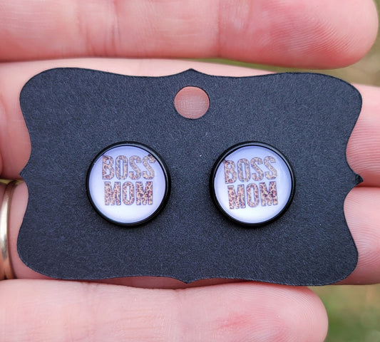 Boss Mom Glass Cabachon Black Bezel Earrings- 12 mm ONLY!