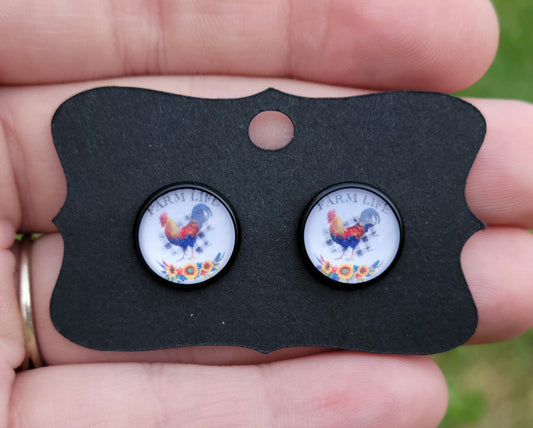 Chicken on the Farm Glass Cabachon Black Bezel Earrings- 12 mm ONLY!
