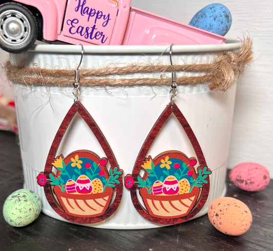 #3 Easter Eggs and Basket Teardrop Wooden Earrings
