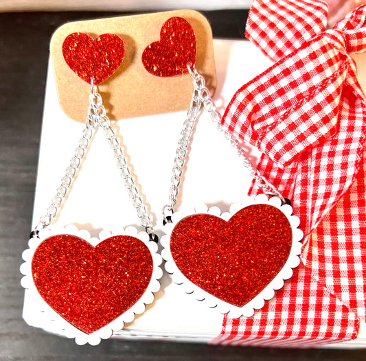 Red Glitter Heart Chain Acrylic Earrings