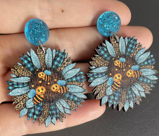 Blue Bumblebee Sunflower Wood Earrings