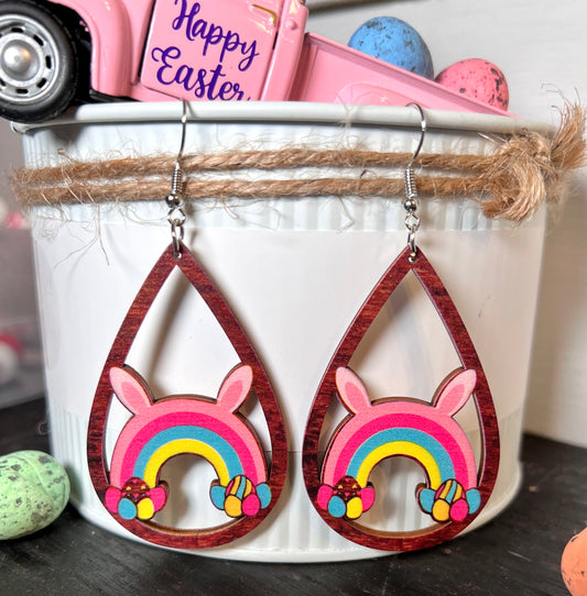 #6 Easter Bunny Ears & Rainbow Teardrop Wooden Earrings