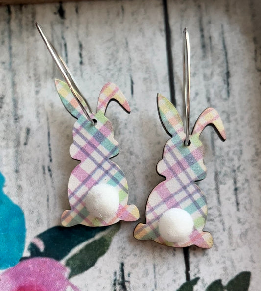 Easter Fluffy Bunny Tail Wooden Earrings