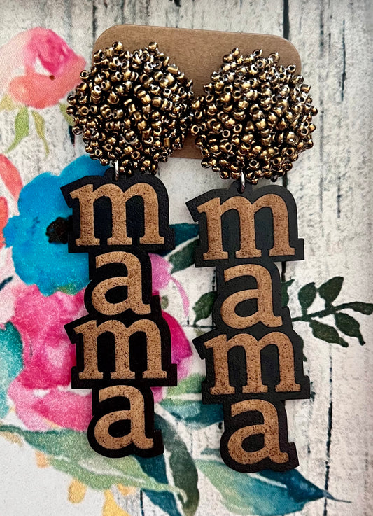 Black/Bronze Mama Seed Bead Vertical Wooden Earrings