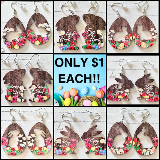 RANDOM- Easter Egg Bunny Double Sided Wooden Earrings