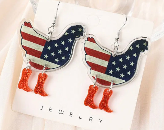 PREORDER Fourth of July American Flag Chicken Acrylic Earrings-Estimated arrival June 3,2024