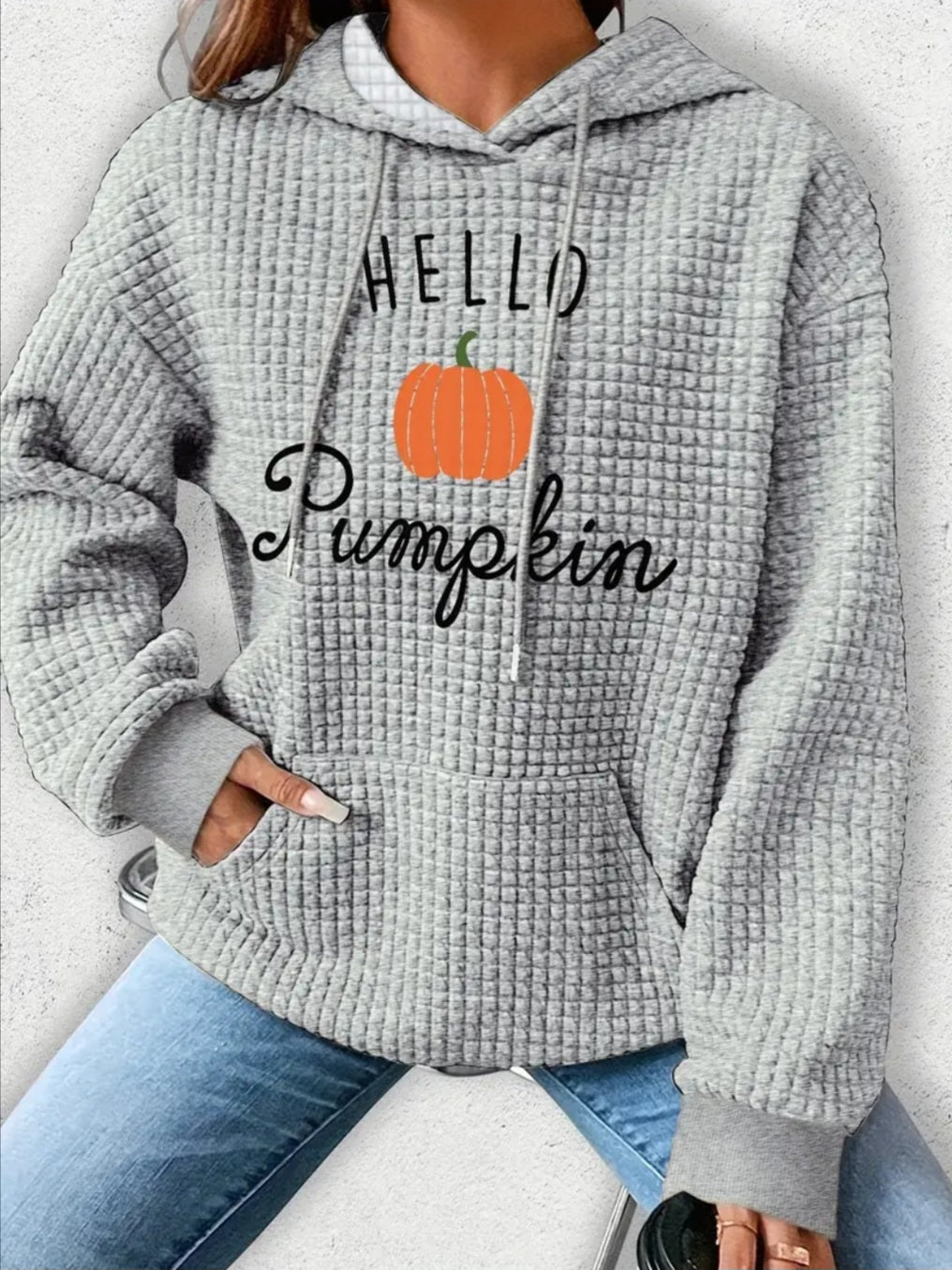 PREORDER Halloween Hello Pumpkin Knit Waffle Pullover Hooded Sweater