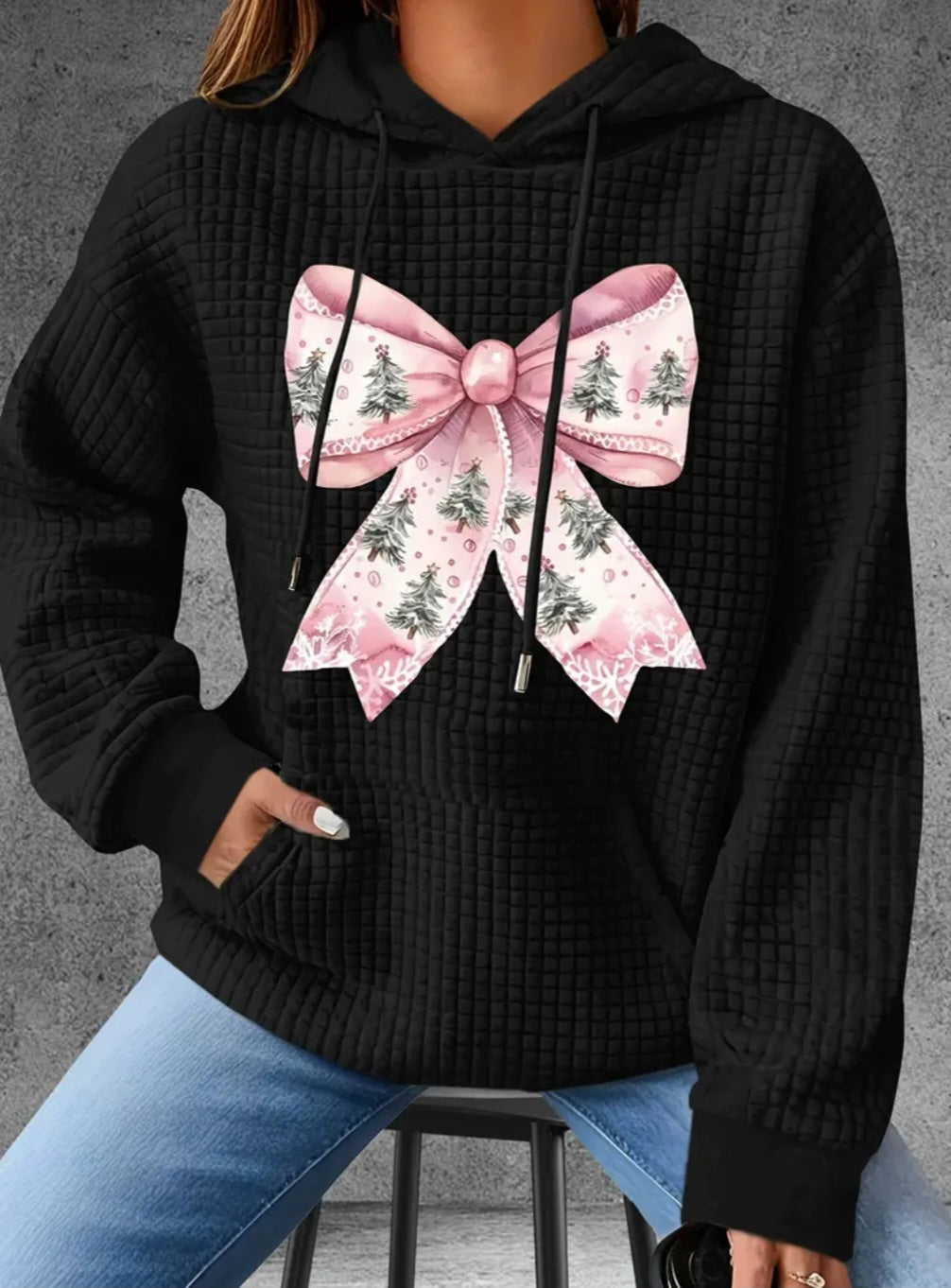 PREORDER Christmas Tree Bow Knit Waffle Pullover Hooded Sweater