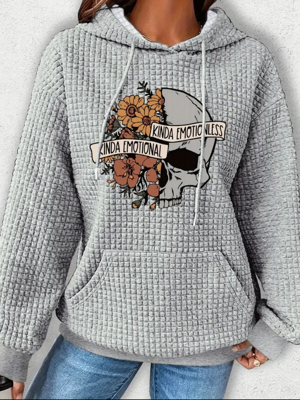 PREORDER Halloween Kinda Emotional Kinda Emotionless Knit Waffle Pullover Hooded Sweater