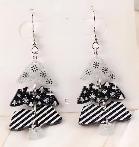 PREORDER Christmas Black Snowflake Tree Acrylic Dangle Earrings