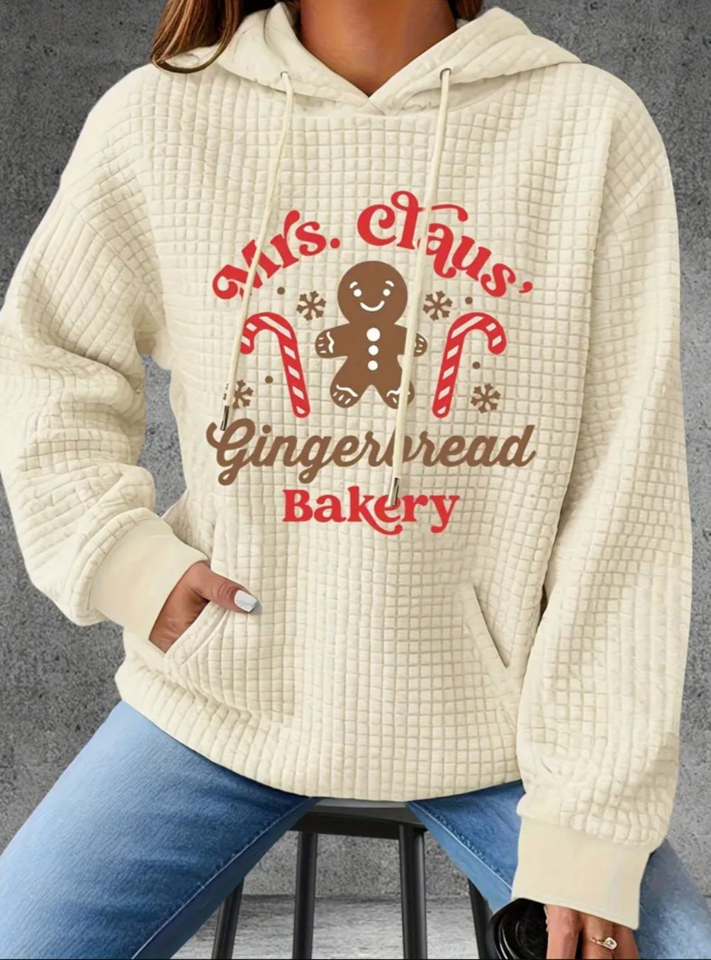 PREORDER Christmas Mrs.Claus Gingerbread Bakery Knit Waffle Pullover Hooded Sweater