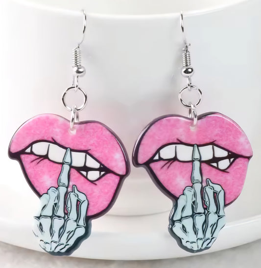 PREORDER Halloween Middle Finger Lips Acrylic Dangle Earrings