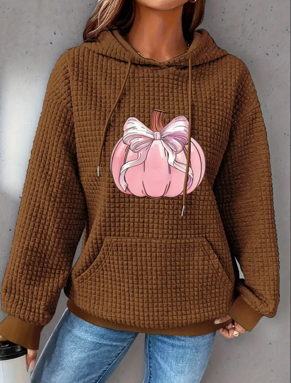 PREORDER Halloween Pink Bow Pumpkin Knit Waffle Pullover Hooded Sweater