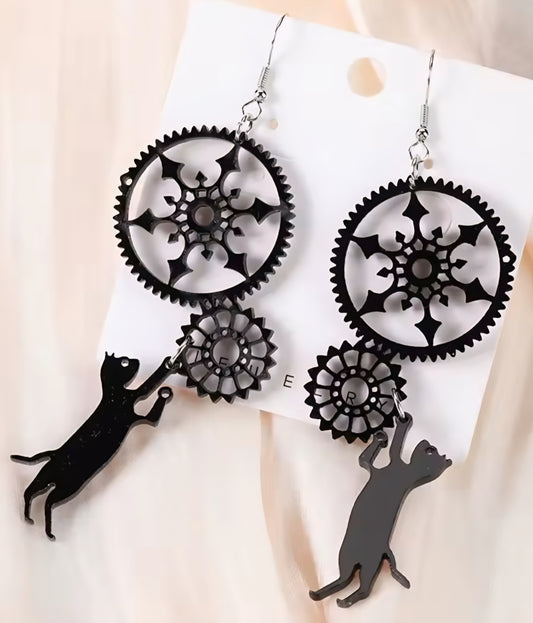 PREORDER Halloween Cat Clockwork Acrylic Dangle Earrings
