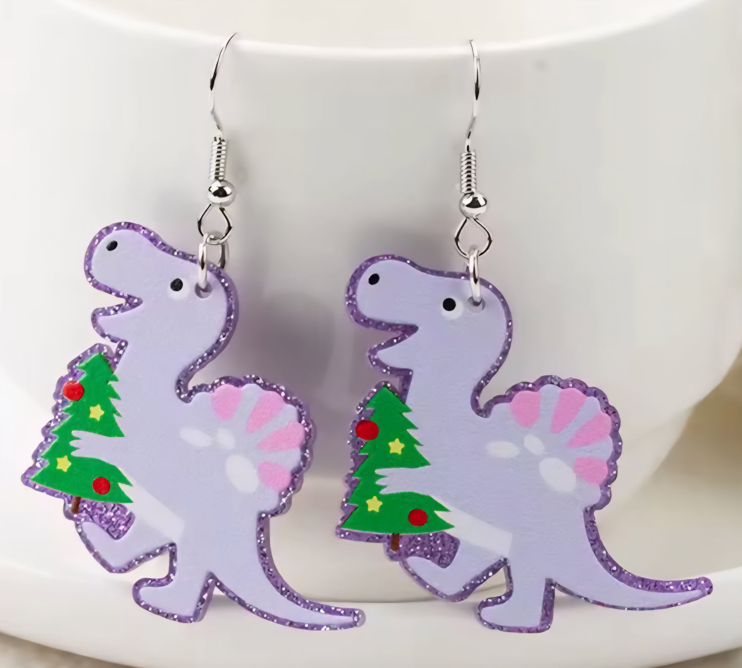 PREORDER Dinosaur Christmas Tree Acrylic Dangle Earrings