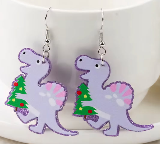 PREORDER Dinosaur Christmas Tree Acrylic Dangle Earrings
