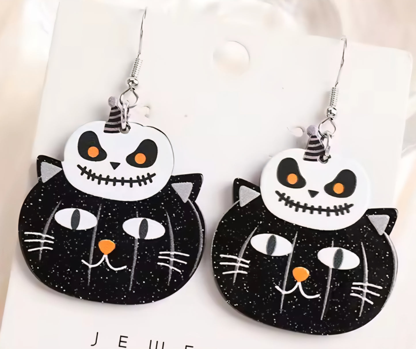 PREORDER Halloween White Jack O Lantern Black Cat Dangle Earrings