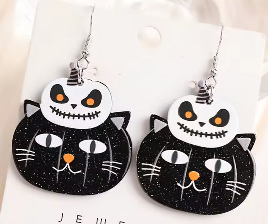 PREORDER Halloween White Jack O Lantern Black Cat Dangle Earrings