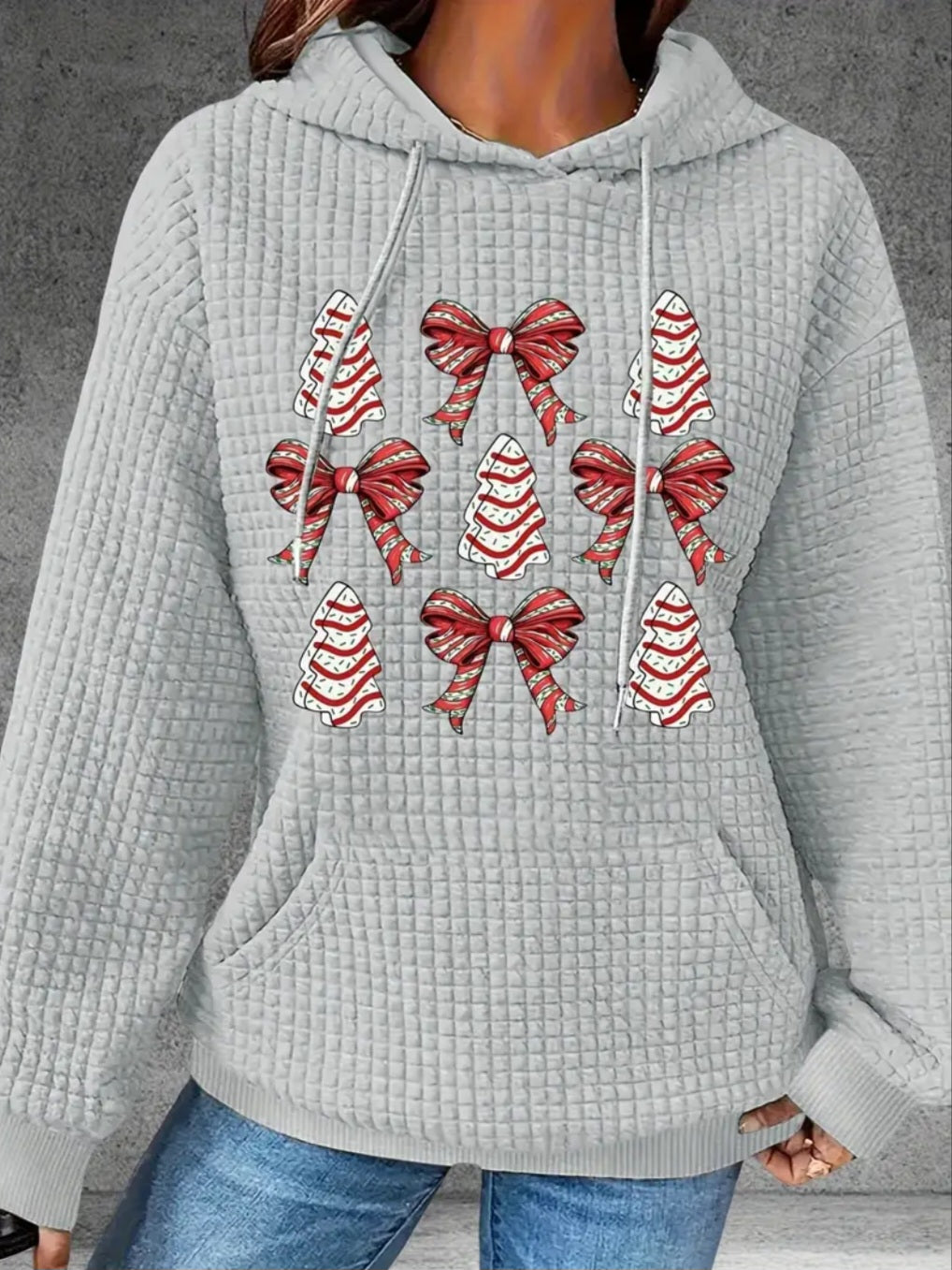 PREORDER White Christmas Tree & Bows Knit Waffle Pullover Hooded Sweater