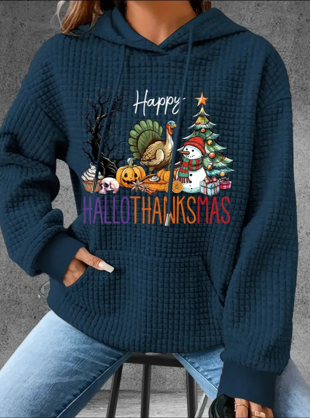 PREORDER Happy Hallothanksmas Knit Waffle Pullover Hooded Sweater