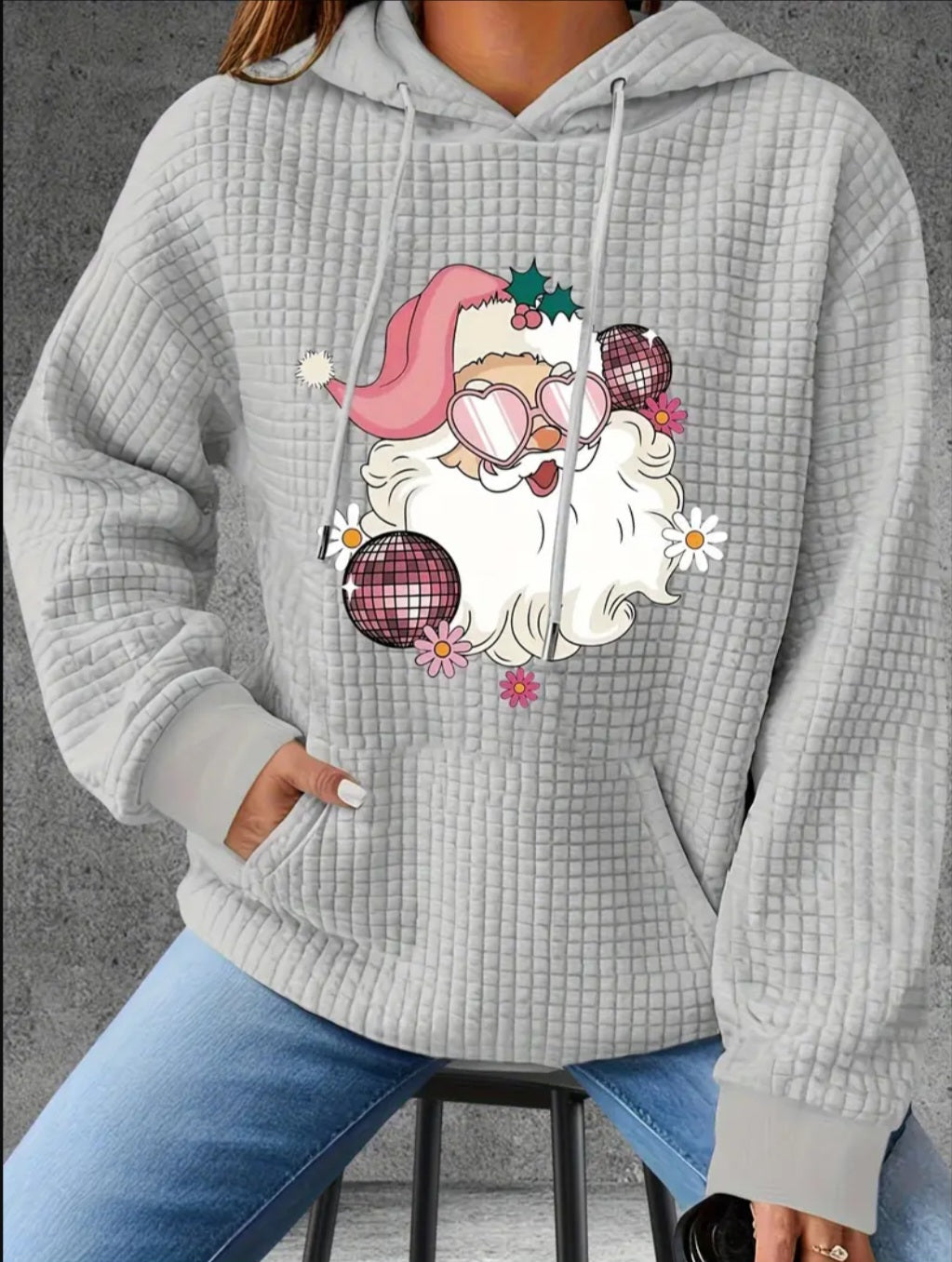 PREORDER Christmas Pink Disco Santa Knit Waffle Pullover Hooded Sweater