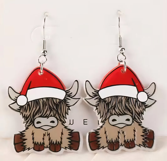 PREORDER Christmas Highlander Cow Acrylic Dangle Earrings