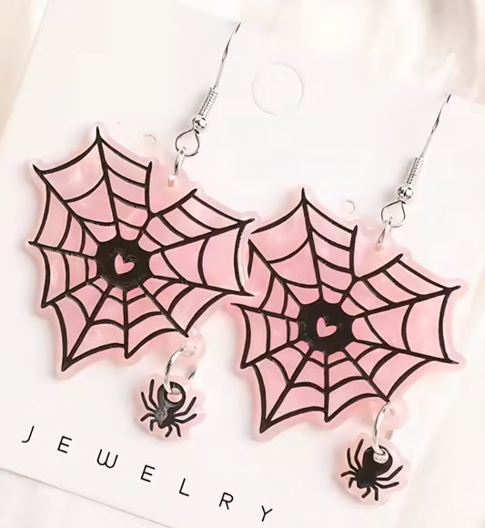 PREORDER Halloween Pink Heart Spider Web Acrylic Dangle Earrings